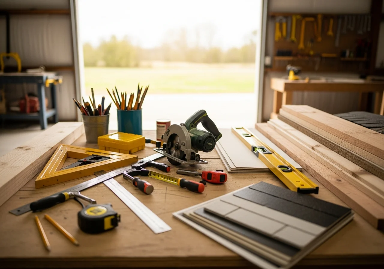 Professional carpentry tools and materials organized on a clean work surface, representing quality craftsmanship and trade expertise.