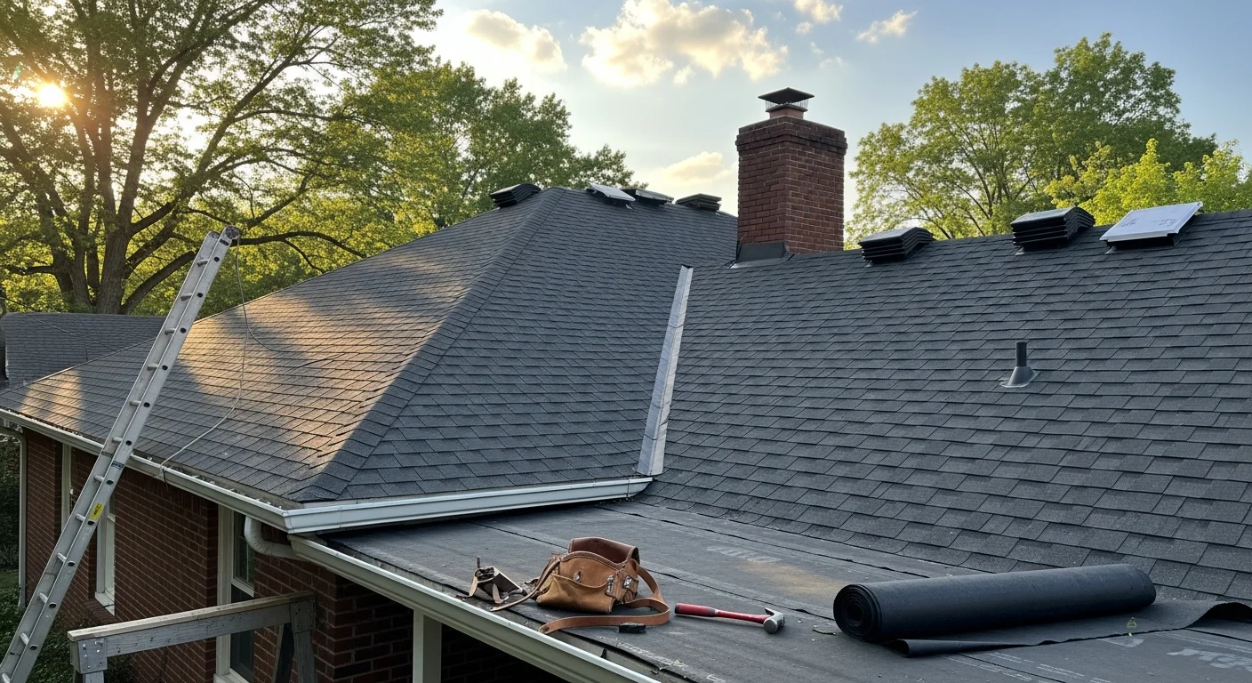 Roofing contractor installing new roof on residential home