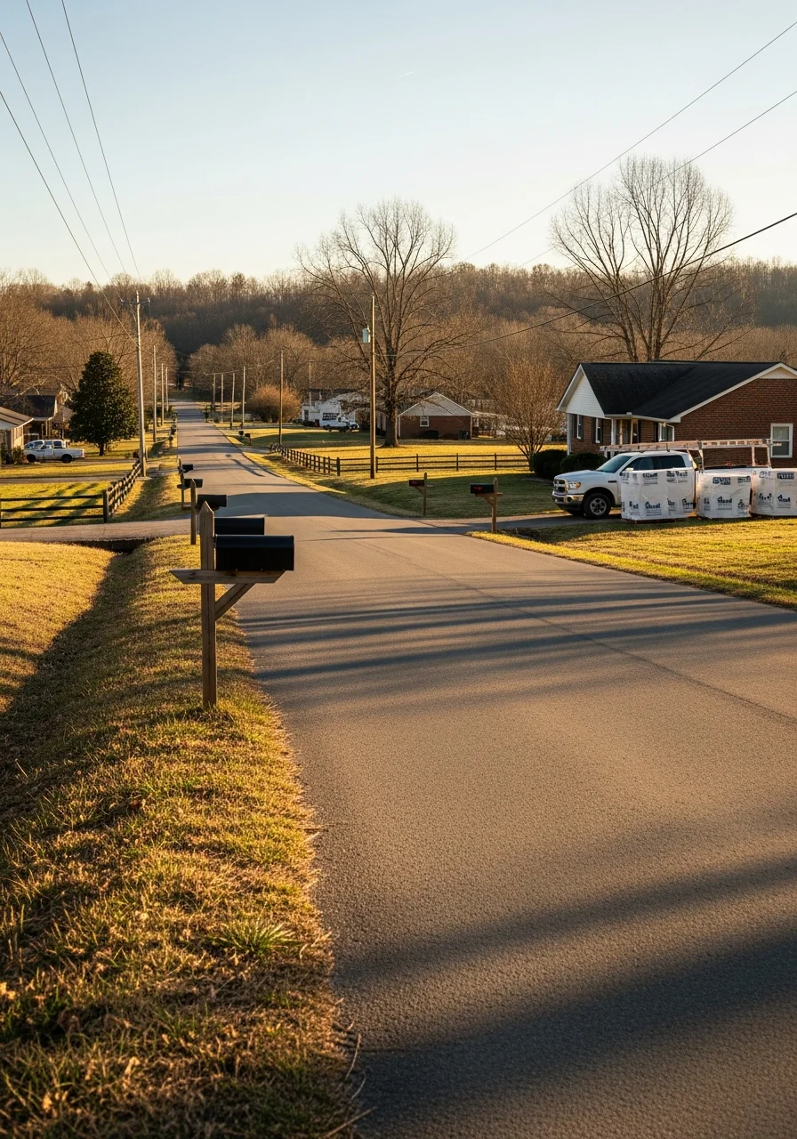 County road with mix of residential properties and open land.