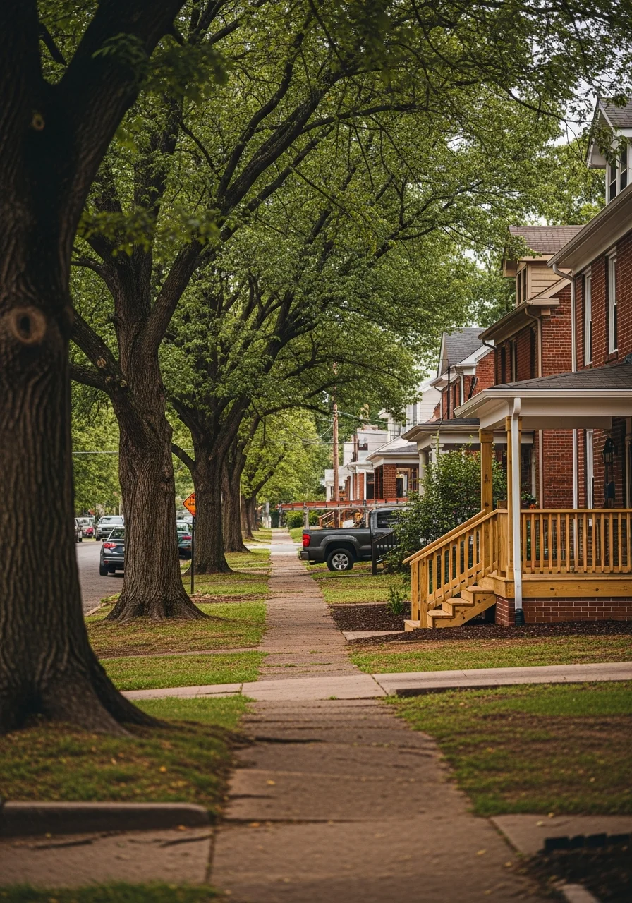 Residential street in Knoxville with tree-lined homes and local storefronts.