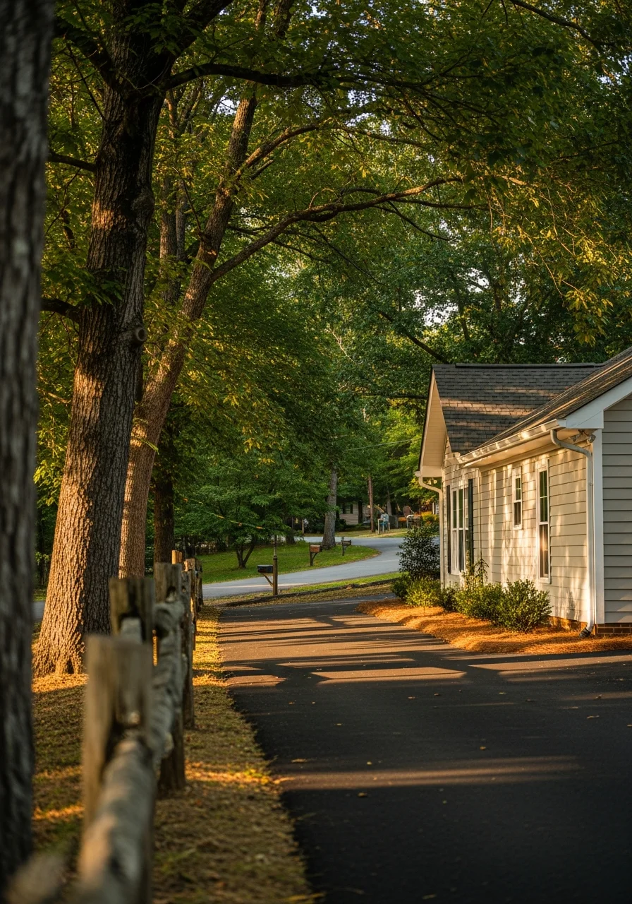 Kodak neighborhood street with mature trees and established properties.