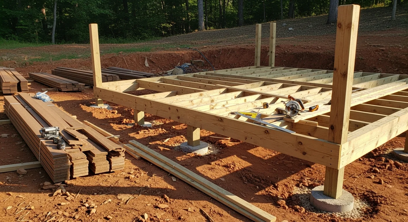 A newly built wood-framed deck on a sloped residential lot in Knoxville, Tennessee, with stairs leading to the backyard and railing along the perimeter. The structure shows exposed framing details and a clean decking surface ready for outdoor use.