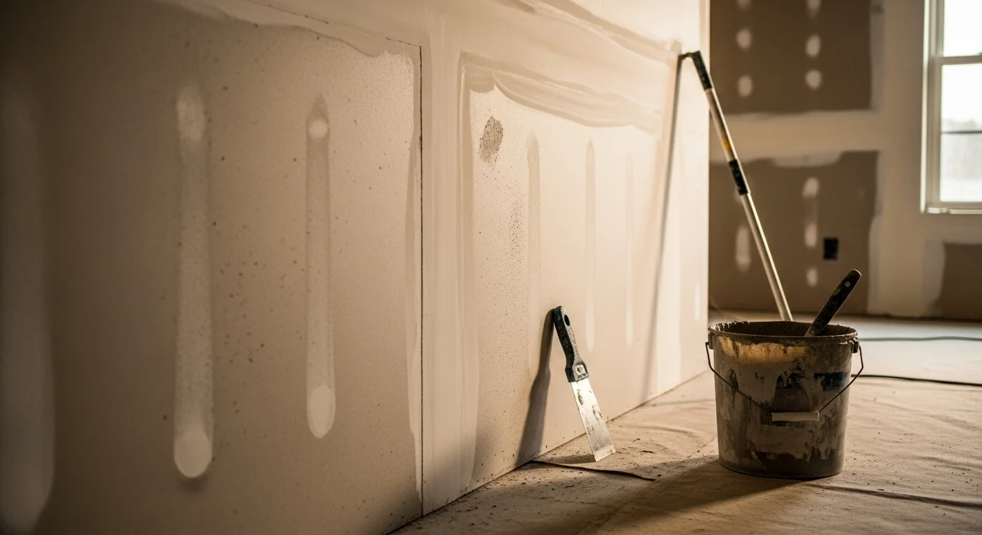 A smooth, freshly finished drywall wall in a Knoxville home interior showing flat, seam-free surfaces ready for paint. A drywall contractor applies a final mud coat to taped joints in a residential room during a Knoxville remodel project.