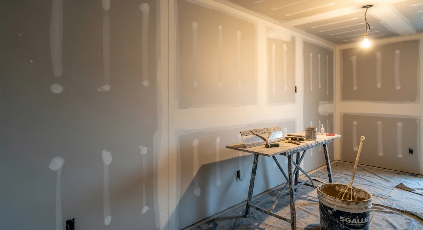 Freshly installed and finished drywall walls in a Knoxville home addition, showing smooth, paint-ready surfaces with clean corners and consistent texture. A drywall contractor applies joint compound to seams in preparation for final sanding and painting.