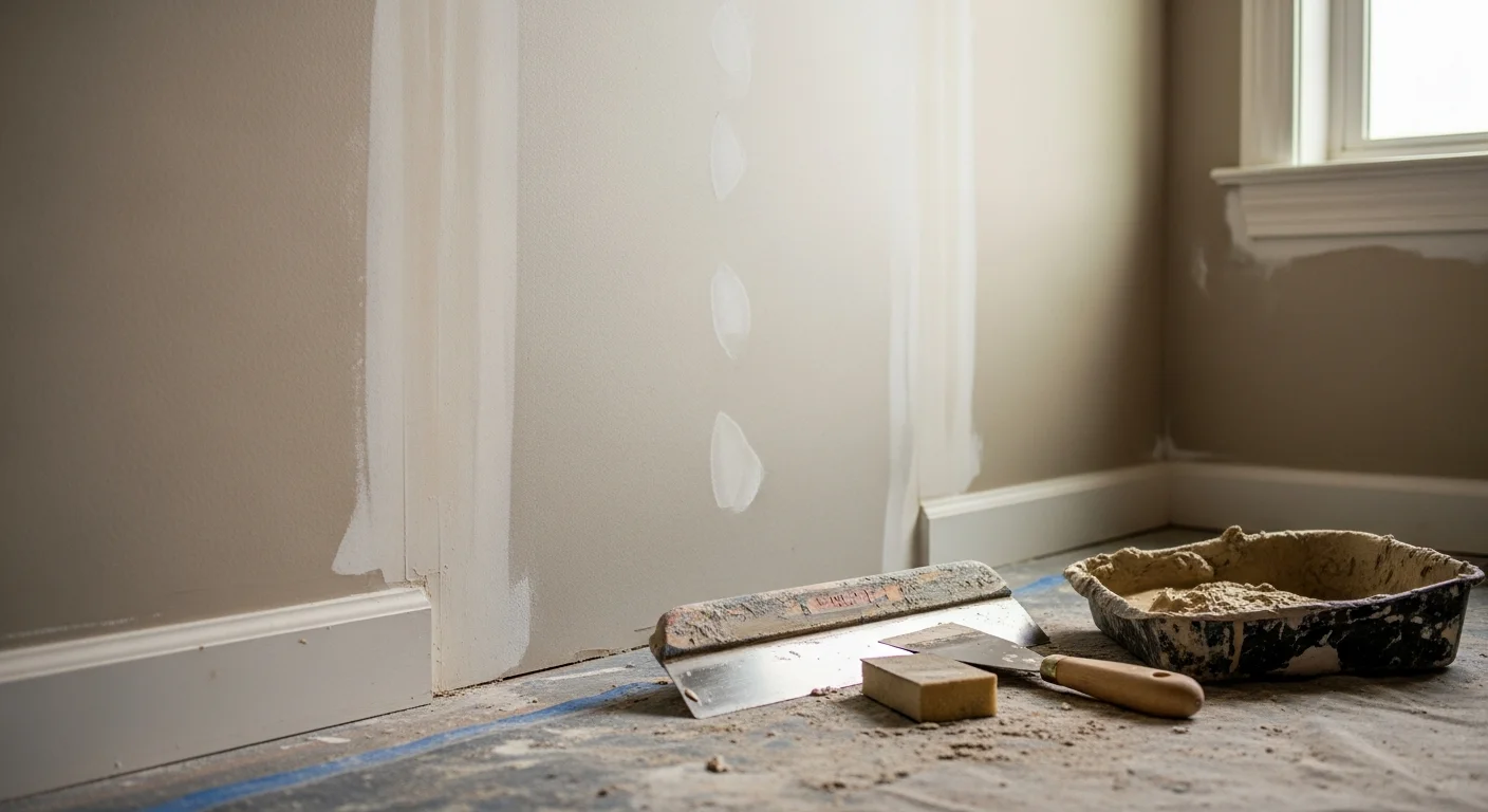 A freshly repaired and sanded drywall patch on an interior wall of a Knoxville home, blended smooth and ready for paint. The repair covers a previous hole near a doorframe in a single-family residence.