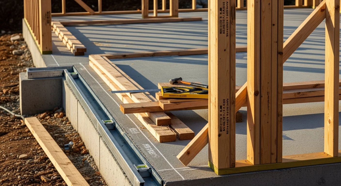 A wood-framed room addition under construction at a Knoxville residential property, showing wall studs, a door opening header, and exterior sheathing ready for the next phase. The framing is plumb and square, with the Tennessee hillside visible in the background.