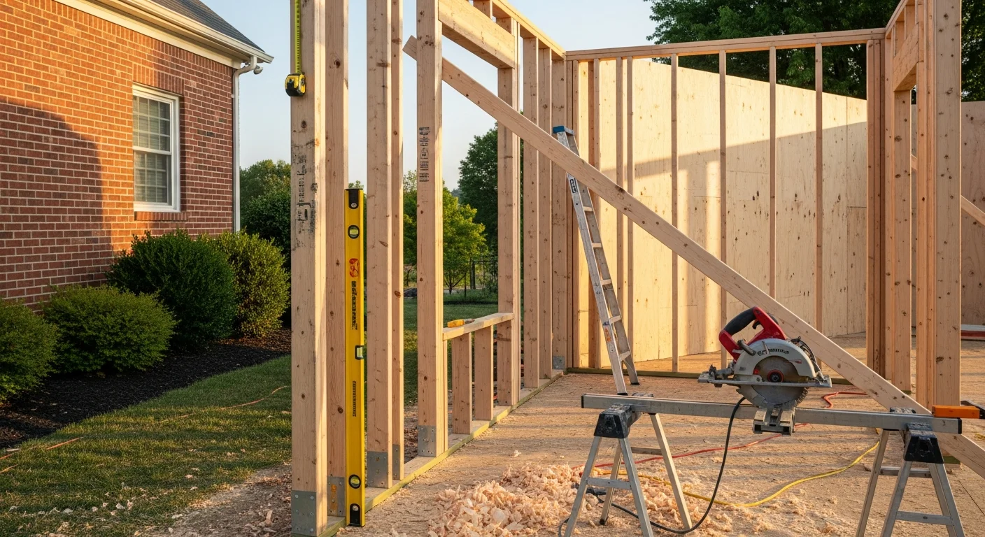 A newly completed room addition on a single-story Knoxville home, showing matched exterior siding and a continuous roofline connecting the addition to the original structure. The addition includes two windows and a side entry door, with a graded lawn visible in the foreground.