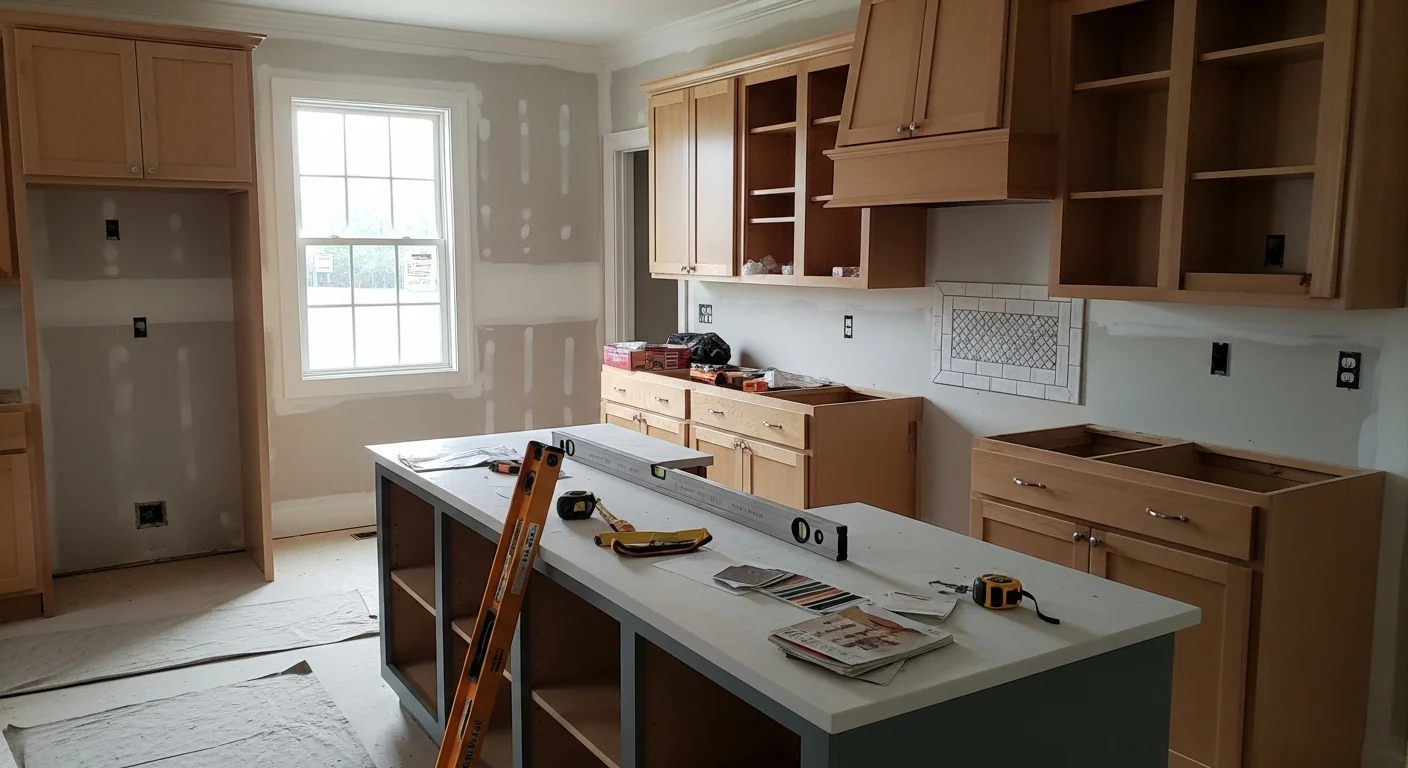 A remodeled kitchen interior in a Knoxville, Tennessee home, featuring updated cabinetry, new countertops, and an open floor plan layout. Work completed by Hard Knox Home Improvement LLC, a licensed general contractor serving the Knoxville area.