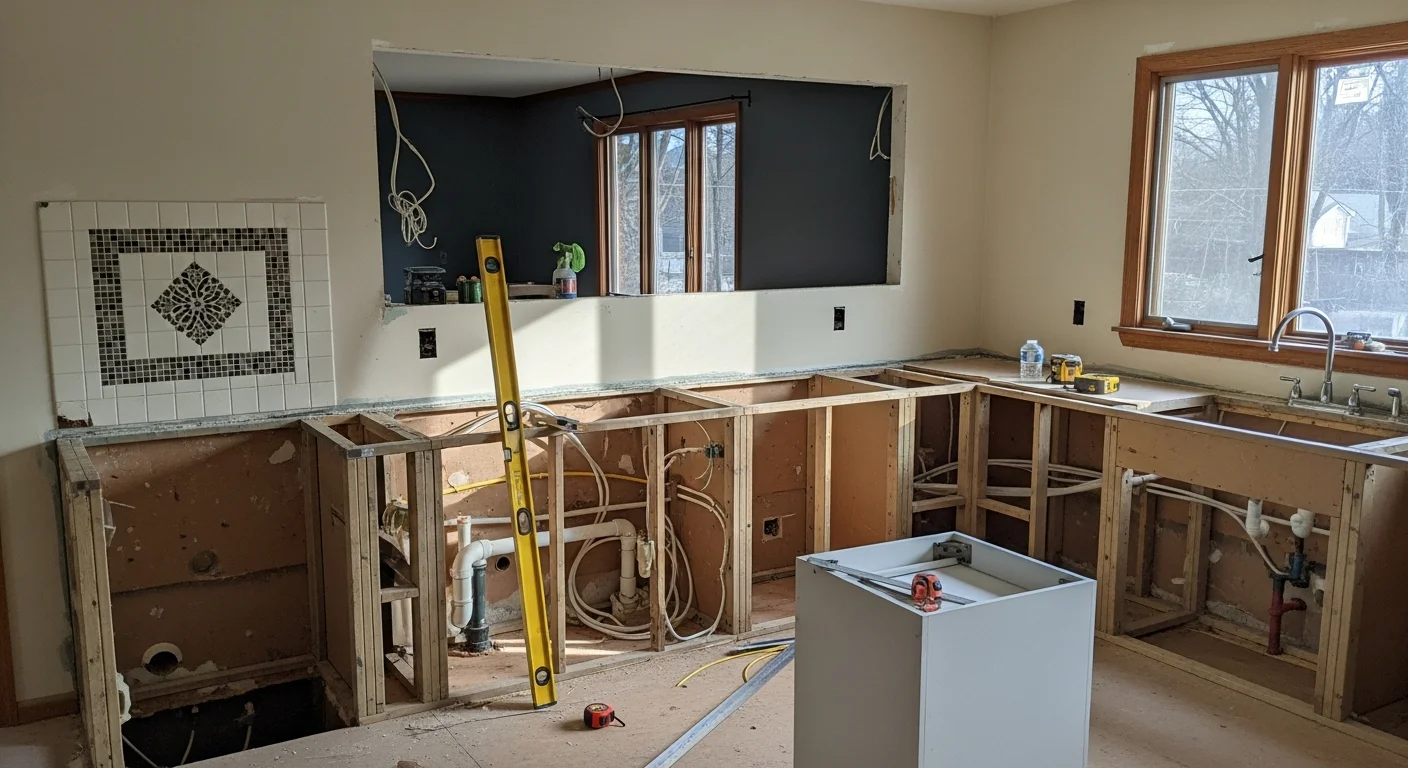 Remodeled kitchen in a Knoxville home featuring updated cabinetry, new countertops, and an open layout replacing a closed, compartmentalized original floor plan. Work completed by Hard Knox Home Improvement LLC as part of a full kitchen renovation project in Knoxville, Tennessee.