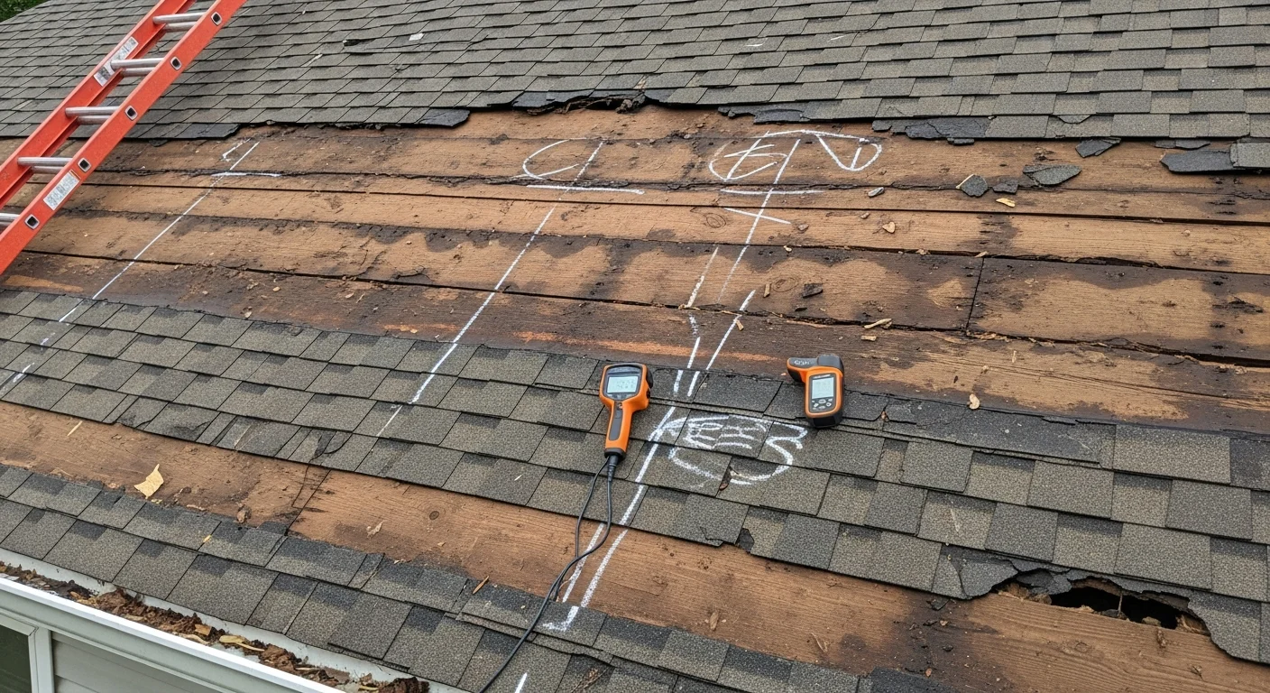 A Knoxville roofing contractor inspecting damaged flashing around a chimney on a residential roof after storm damage. Close-up view shows lifted shingles and exposed underlayment at a roof valley transition point.