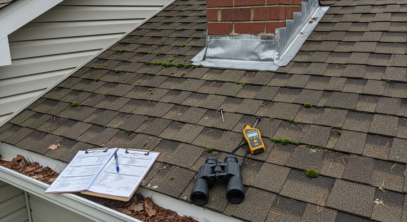 A Hard Knox Home Improvement LLC contractor inspecting the shingles and flashing on a residential roof in Knoxville, Tennessee. Close-up view shows granule wear and flashing condition typical of East Tennessee homes after storm season.
