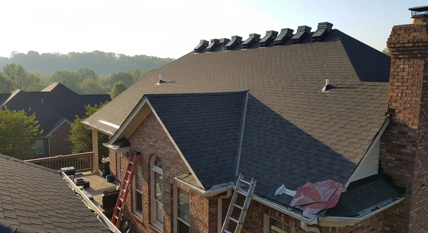 A completed residential roof installation on a single-family home in Knoxville, Tennessee, showing clean ridge lines, uniform shingle courses, and properly finished flashing at the eaves and valleys.