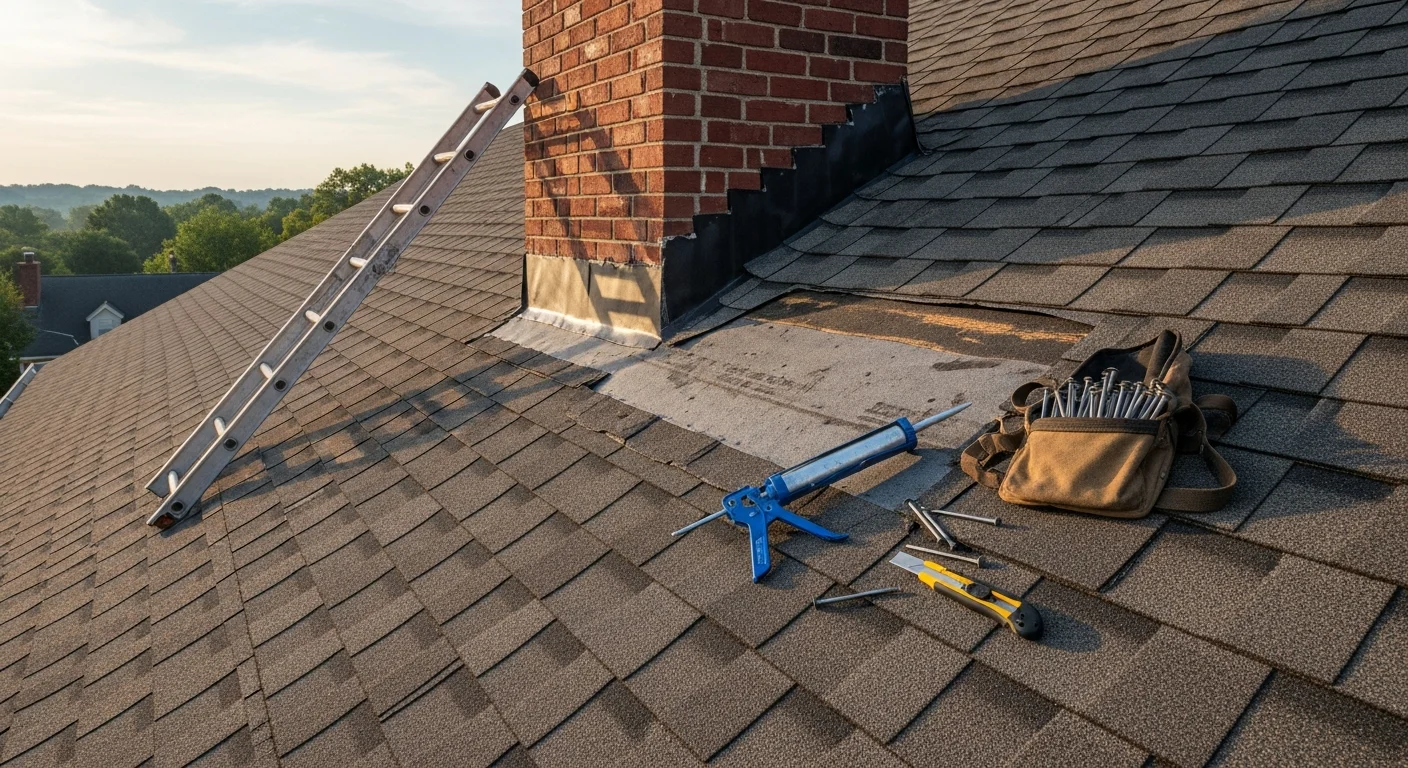 A Knoxville roofing contractor inspecting and repairing damaged shingles on a residential roof after storm damage. Close-up view shows replaced shingles and resealed flashing along a roof valley on a Knox County home.