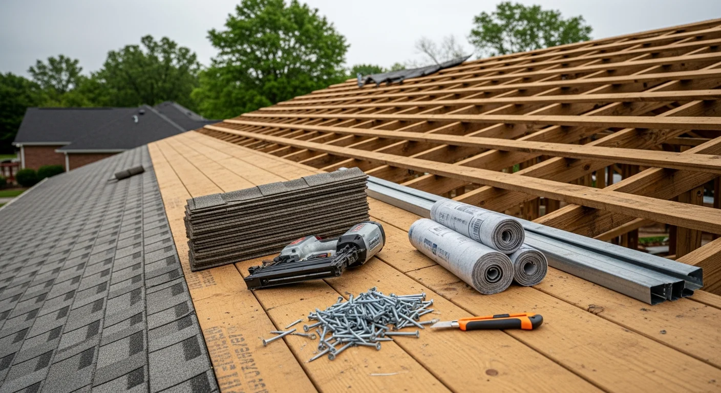 A Knoxville residential home with a newly completed roof replacement showing clean, uniform roofing material installed across the full roofline. Hard Knox Home Improvement LLC crew equipment and materials are visible in the driveway during the active replacement project.