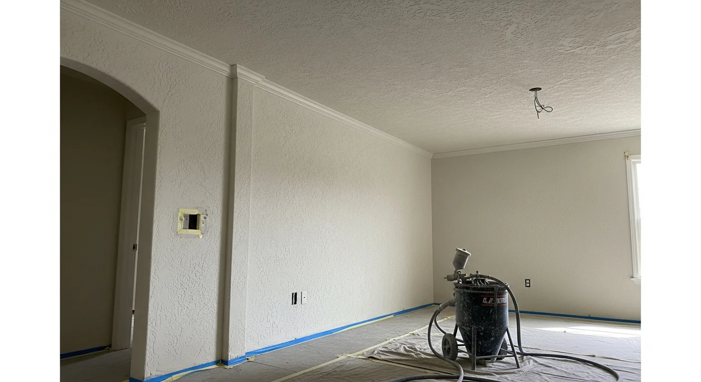 A freshly textured drywall wall inside a Knoxville home showing a uniform knockdown finish ready for paint. The surface is smooth across seams with no visible patches or inconsistencies.