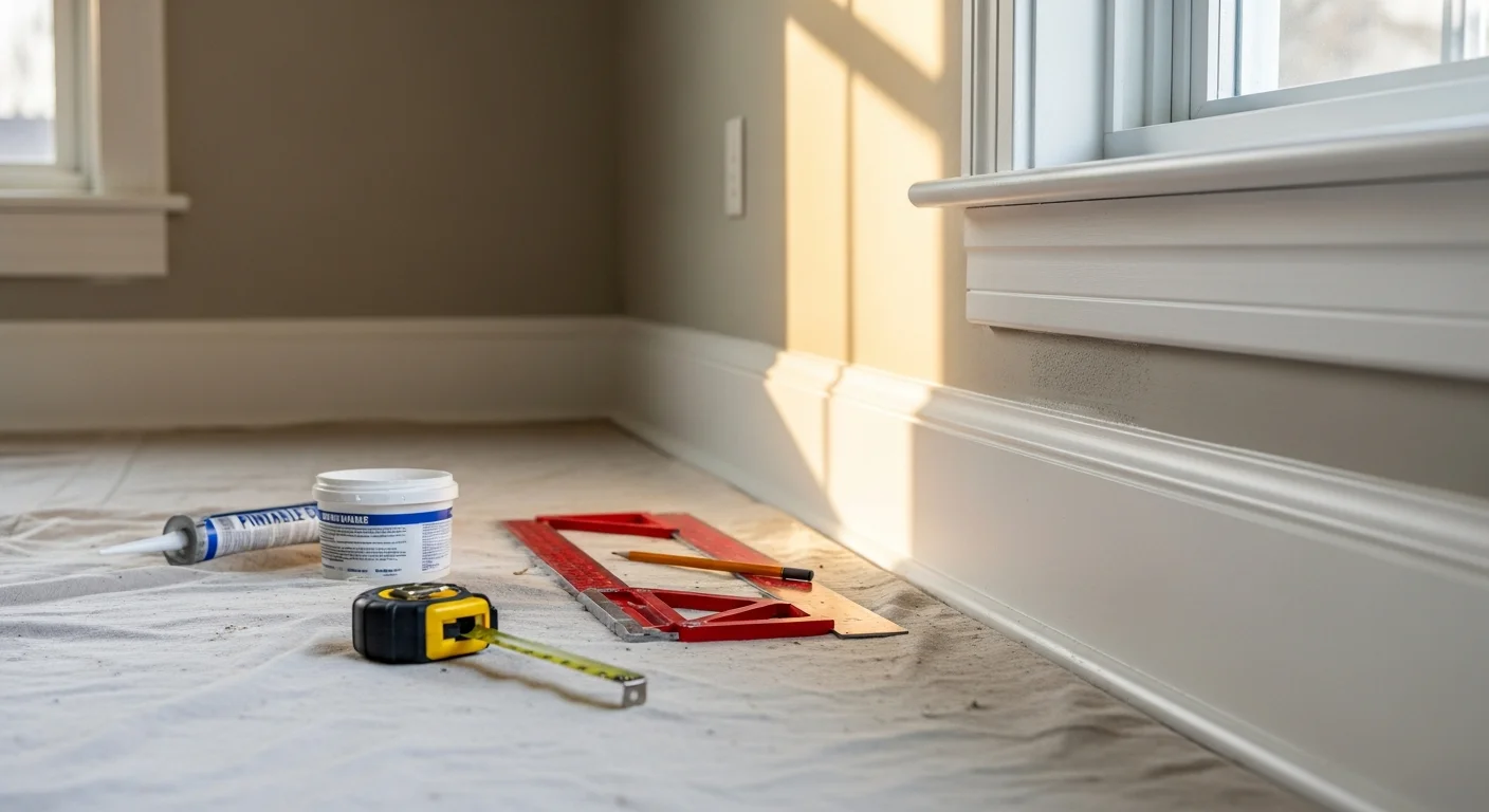 Freshly installed white crown molding and baseboards in a Knoxville home interior, with clean mitered corners where the wall meets the ceiling. Door casing trim is fitted tightly against a painted interior door frame with no visible gaps.